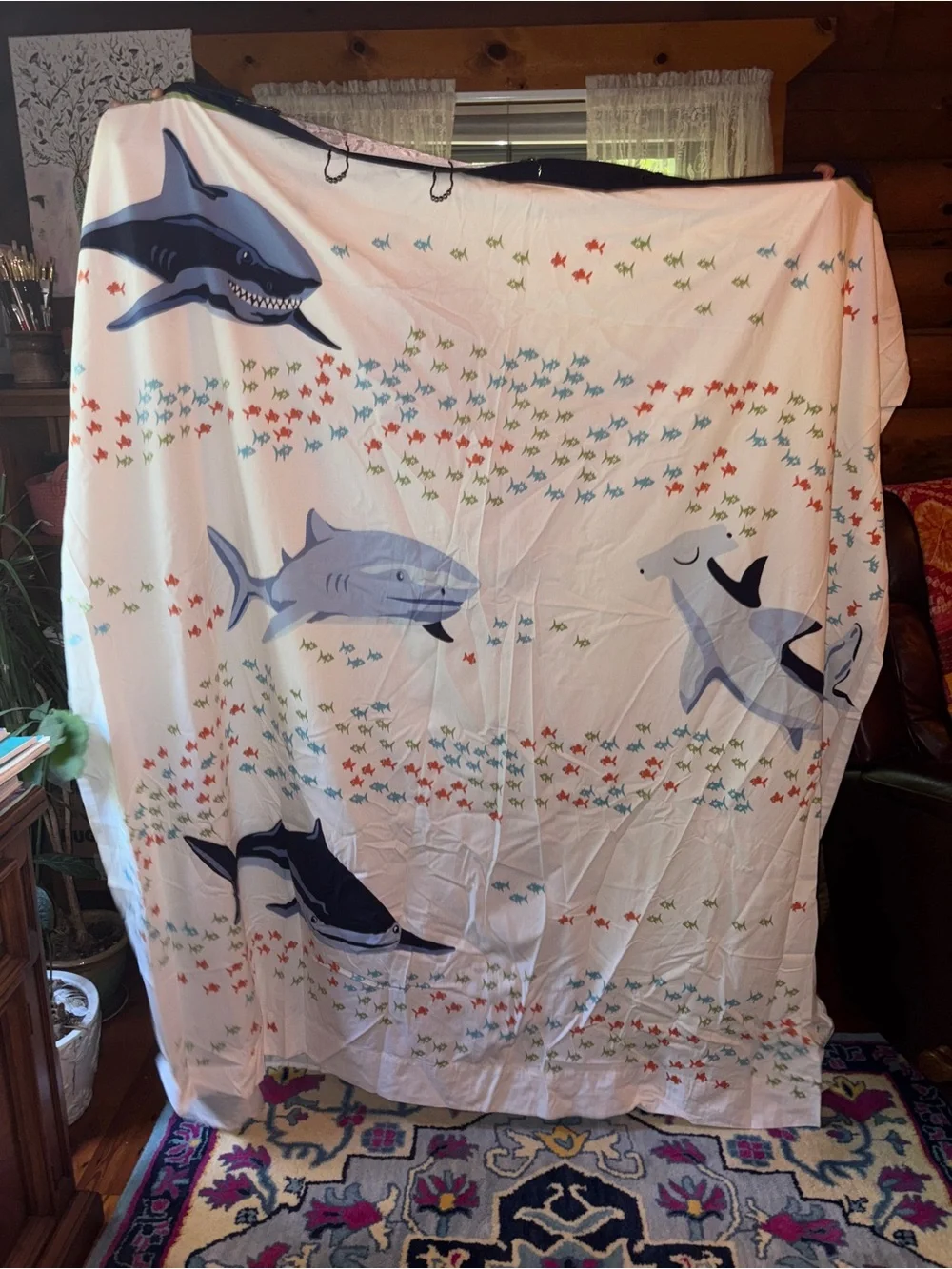 Pottery Barn Kids Blue Shark Shower Curtain with Multicolor Fish liner hooks set